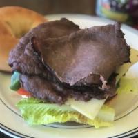 Roast Beef Sandwich · Mayonnaise, mustard, lettuce, tomato, onion, spinach, and pepper jack cheese. With Bagel, Br...