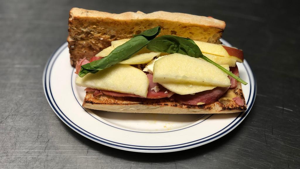 Prosciutto Sandwich · Mustard, apple, spinach, and feta cheese. With Bagel, Bread, Baguette, English Muffin, or Croissant.