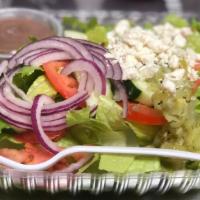 Mediterranean Salad · Romaine, tomatoes, cucumber, onion, pepperoncini, olives, and feta cheese.
