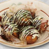 Y2. Osaka Style Takoyaki章魚燒 · Filled with Octopus, Topped with Mayo, House Seasoning Sauce, Seaweed Sprinkles, and Bonito ...