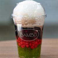Bambu Favorite · Pandan jelly, red tapioca, grass jelly, coconut milk. 250 cal.  VEGAN