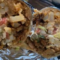 Cali Burrito · Meat of choice, beans, rice, sauce, sour cream, cheese, onion, cilantro, avocado and French ...