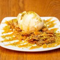 Crumbled Baklava · Walnut, pistachio, vanilla ice cream, caramel.