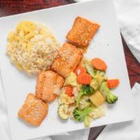 L7. Ginger Salmon · Seared salmon in ginger sauce, stir-fry vegetable, house special fried rice with pineapple.