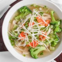 L3. Chicken Pho · Chicken, fresh rice noodles, broccoli, carrot , & herbs in savory chicken broth.