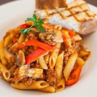 Penne Bolognese · Popular. Penne with ground beef, garlic, mushroom, and bell pepper in marinara sauce.