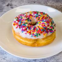 Vanilla Sprinkles - Raised Donut · Sprinkles on top of vanilla icing