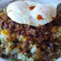 Cowboy Hash & Eggs · Bacon's, mushrooms, bell peppers, and onions all cooked in home fries and topped with Americ...