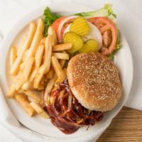 Western Cheeseburger · Chili bbq sauce drizzled over onion crispers. Served with choice of French fries, potato sal...