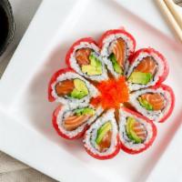 Sakura Roll · Salmon, avocado, top with tuna and tobiko.
