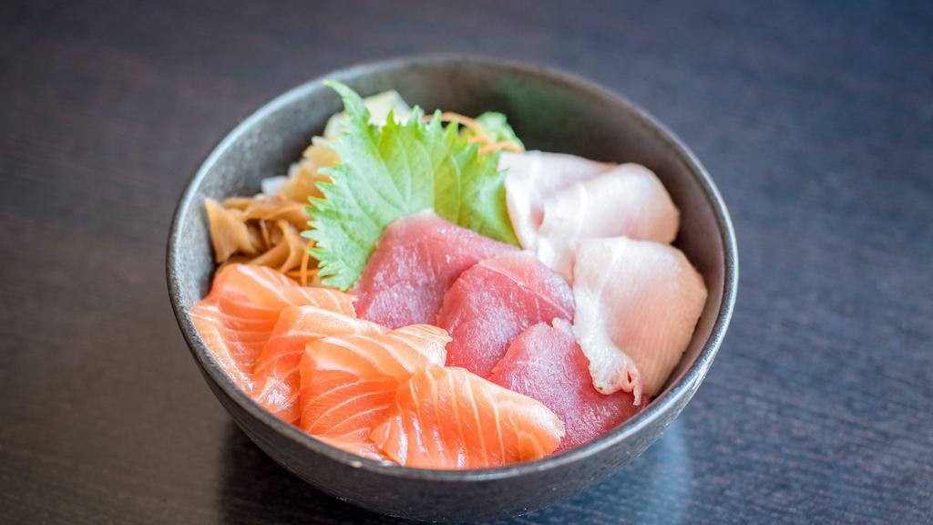 San Shouku Don · Slices of tuna, hamachi and salmon over sushi rice.