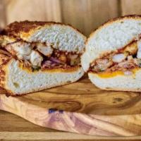 Baja Chicken with Bacon · Grilled chicken breast, chipotle mayo and bbq, pepper-jack cheese, bacon, cilantro and red o...