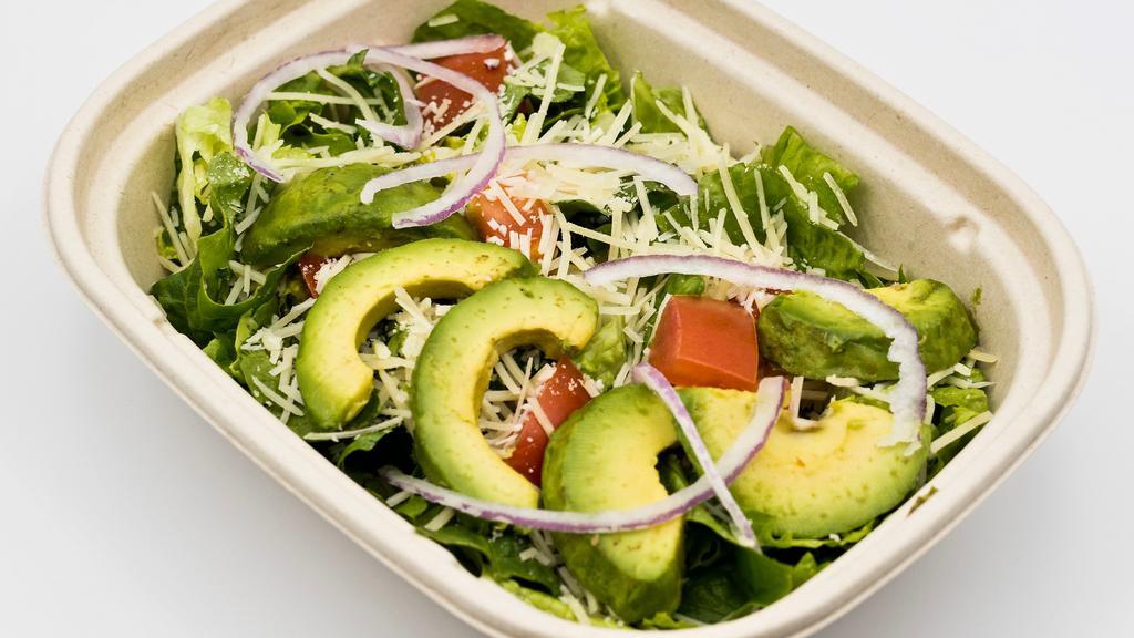 Garden Salad with Avocado · Avocado, Parmesan cheese, tomato, onion with fat-free balsamic vinaigrette.