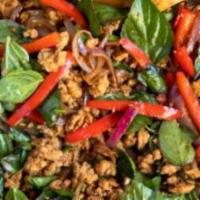 ground chicken basil · with Thai chili, bell pepper,onion, and basil.  seved with rice
