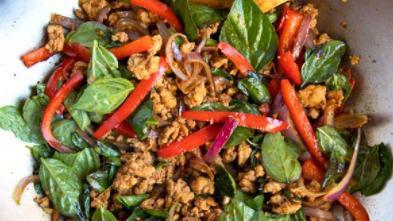 ground chicken basil · with Thai chili, bell pepper,onion, and basil.  seved with rice