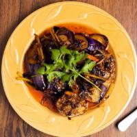 Spicy Eggplant (Pad ma kheur) · Sliced chinese or japanese eggplants, chili crisp oil, ginger, green onion, garlic & thai ch...