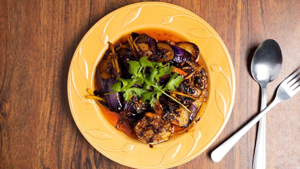 Spicy Eggplant (Pad ma kheur) · Sliced chinese or japanese eggplants, chili crisp oil, ginger, green onion, garlic & thai chili