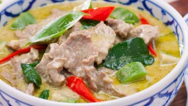 green curry beef  · over rice , green curry with egg plants, thai basil, and bell pepper