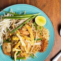 Thai Isaan Style Shrimp Pad Thai  (Pad Mee Kua Koong) · Shrimps, Stir fried small rice noodle with shallot, soy bean paste, eggs, garlic chive, crus...