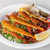 Quesa Birria Tacos · Meat, cheese, salsa, onion and cilantro