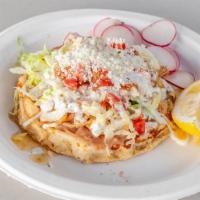 Sopes · Beans, meat, cheese, cream, sauce, lettuce and tomato
