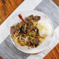 Mongolian Beef · Spicy. Marinated beef with onions bell peppers, bamboo shoot, carrots, mushrooms and water c...