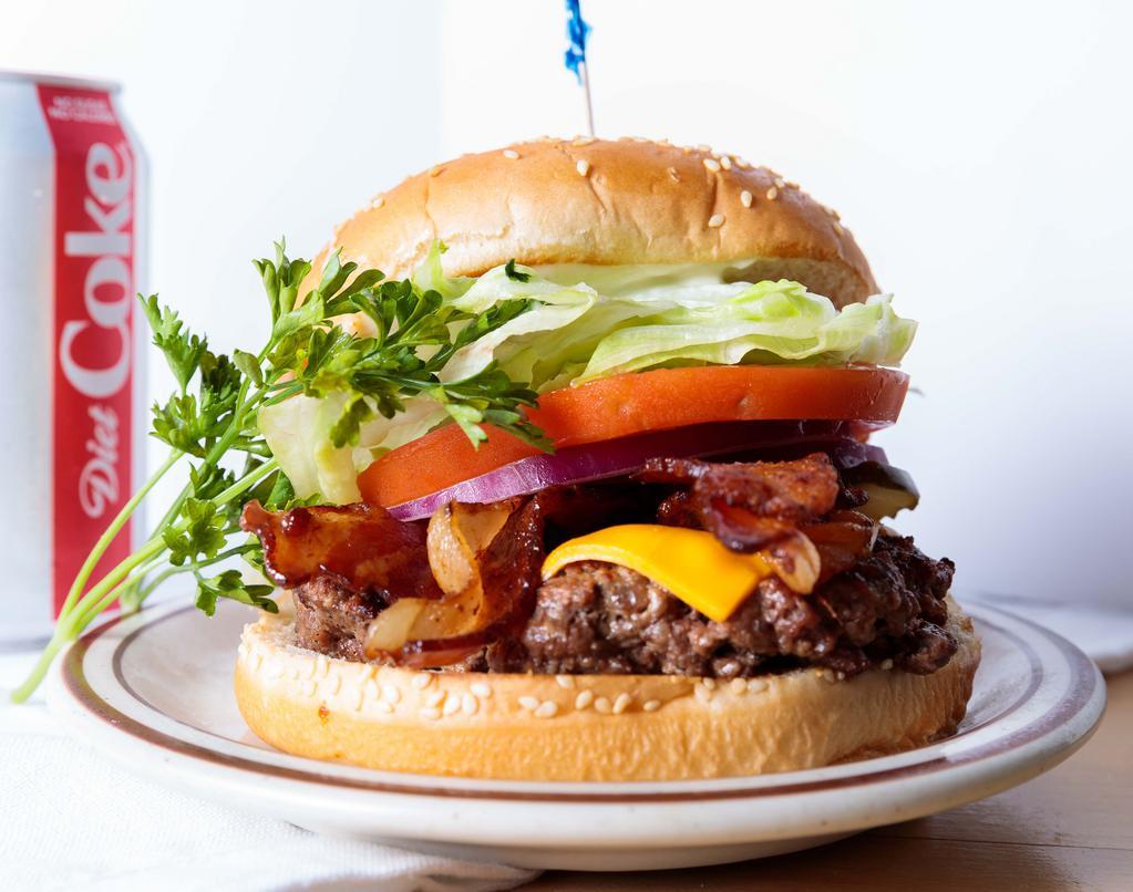 Bacon Cheese Burger · All burgers consists of ground chuck, lettuce, tomato, pickle, onion, mayonnaise, ketchup and mustard, served on a sesame seed bun. With chips or fries and soda.