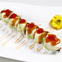 Caterpillar Roll · Eel and cucumber topped with avocado. Roll with sesame seed.