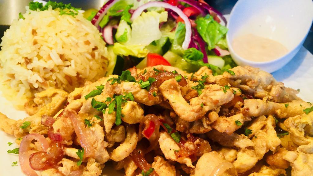 Chicken Shawarma · Thinly sliced chickens, cooked with red onions on the flat grill, served w/rice with orzo and house salad
