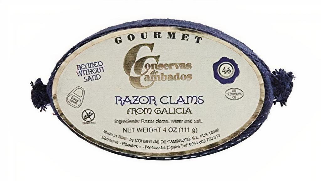 Razor Clams in Brine: Conservas de Cambados · Harvested in the cold winter months from the pristine waters of northern Spain, the firm texture and rich flavor of these clams make them a true prize to be tasted. Served with warm crostini.