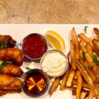 Fish & Chips or Fried Prawns & Chips · Beer battered Alaskan cod and hand cut fries.
