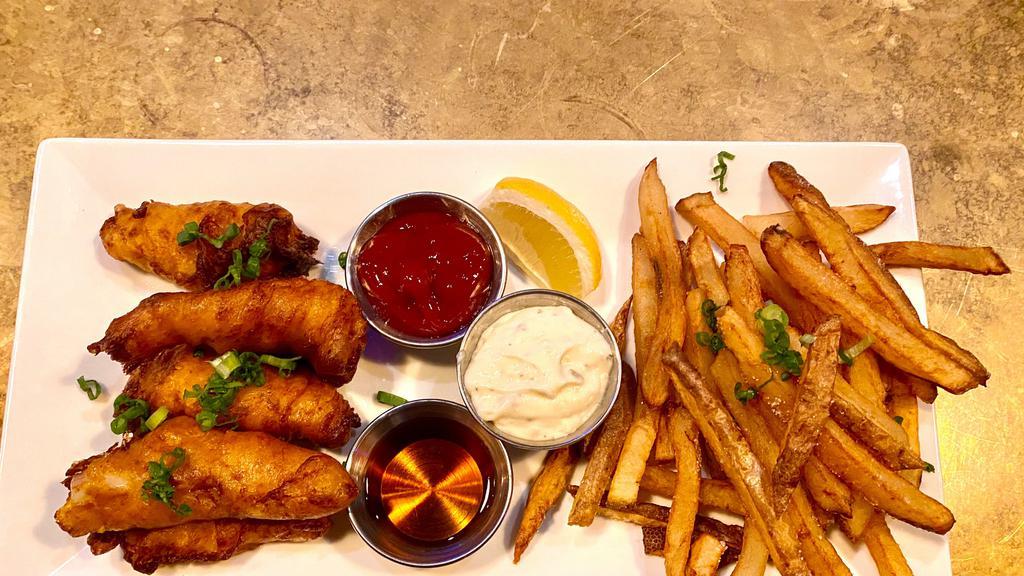 Fish & Chips or Fried Prawns & Chips · Beer battered Alaskan cod and hand cut fries.