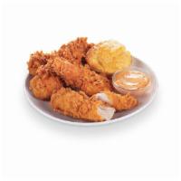 4 Piece Cajun Tender With Biscuit Combo · Includes a side and drink.