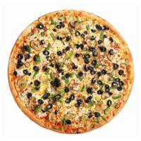 Out Of This World Veggie Pizza · Mushrooms, onion, green pepper, black olive, and fresh tomato.