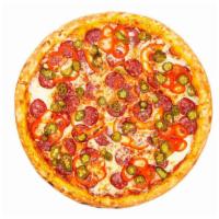 Big Bang Pepperoni Jalapeno Pizza · Pizza with beef pepperoni, jalapenos, and bell peppers