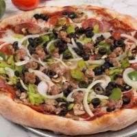 Super · Salami, pepperoni, sausage, mushrooms, onions, bell pepper and olives.