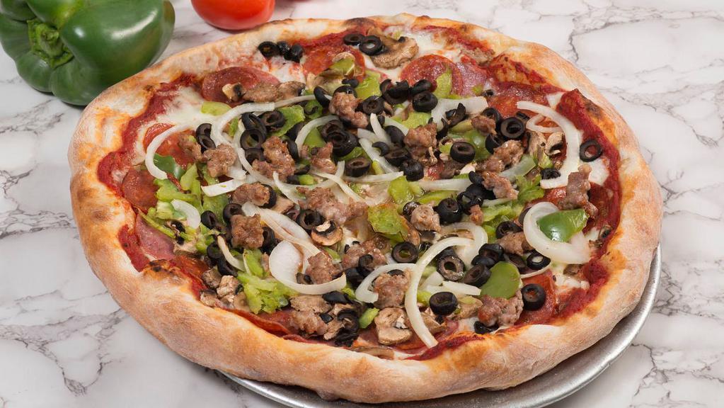 Super · Salami, pepperoni, sausage, mushrooms, onions, bell pepper and olives.