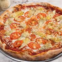 Healthy Pizza · Pizza sauce, mozzarella cheese,, tomatoes, garlic, artichoke hearts, olive oil and oregano.