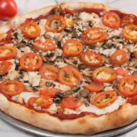 Chicken Bravo · Pizza sauce, mozzarella cheese, chicken breast, mushrooms, tomato and garlic.