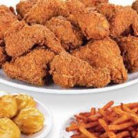 Chicken & Tenders (Family Meal) · 12 piece chicken mix, 6 piece Cajun tenders, 6 biscuits and family fries. 6540 cal.