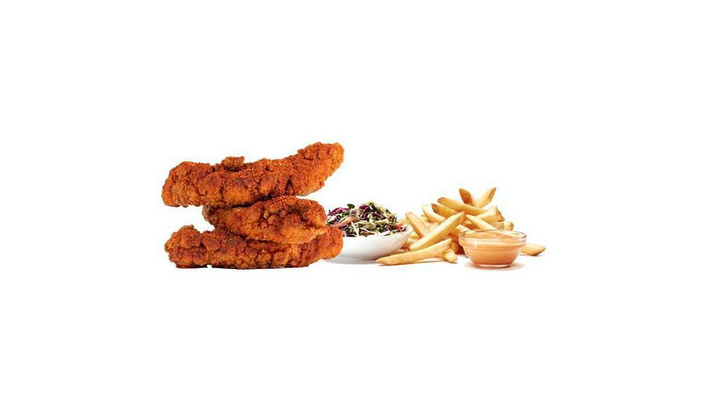 3 Nashville Hot Tender Box  · 3 Nashville Hot Crispy Chicken Tenders served with super slaw, fries and Greek Yogurt Ranch.