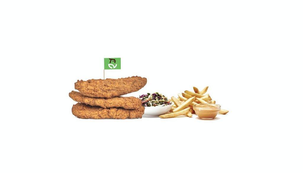 3 Gardenbird® Tender Box · 3 Plant-based crispy tenders, house seasoning, served with super slaw, fries and choice of 2 house-made sauces.