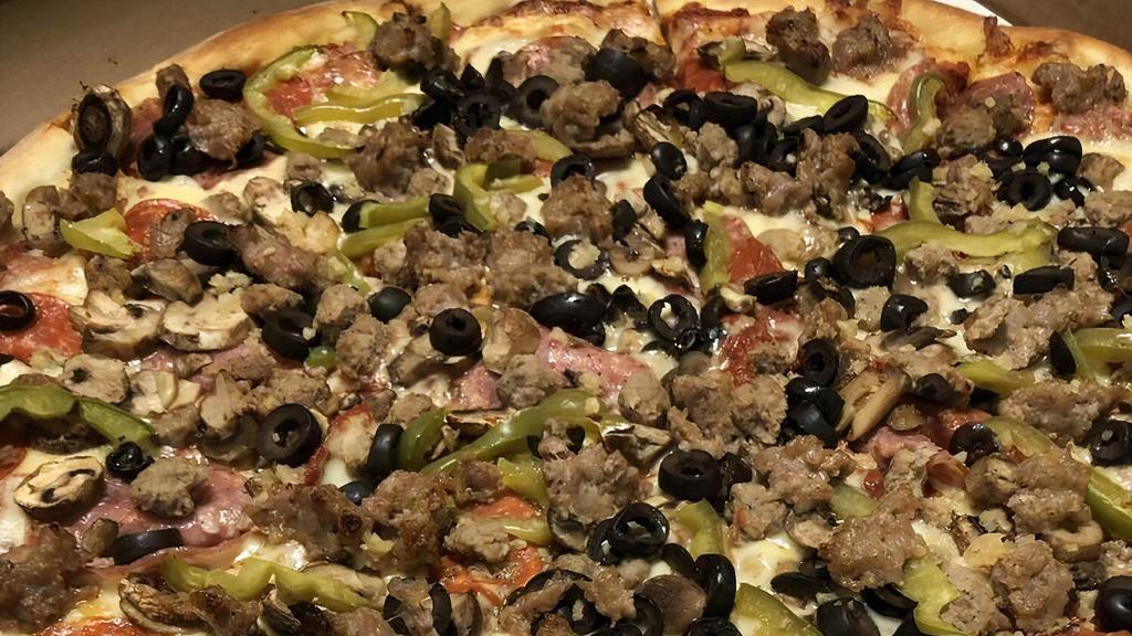 Roma · Pepperoni, sausage, salami, ground beef, mushrooms, bell peppers, garlic & black olives.