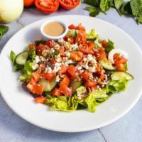The Greek Salad Mistery · Romaine, feta cheese, pesto, olives, onion, cucumber, tomato, lemon juice, salt, pepper, and...