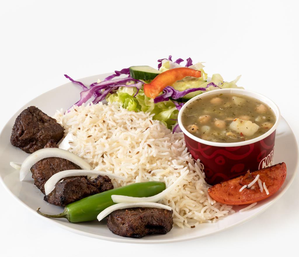 Beef Teka Kabob · Charbroiled tender tri-tipped beef marinated in our special seasoning ,    served with basmati rice , grilled vegetables , salad and bread