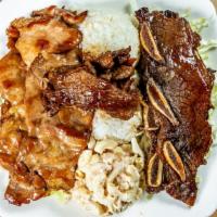 LARGE Hawaiian BBQ Mix Plate · CHICKEN, BEEF SHORTRIBS, AND SLICED BEEF.  ALL MARINATED IN TERIYAKI SAUCE COOK TO PERFECTION