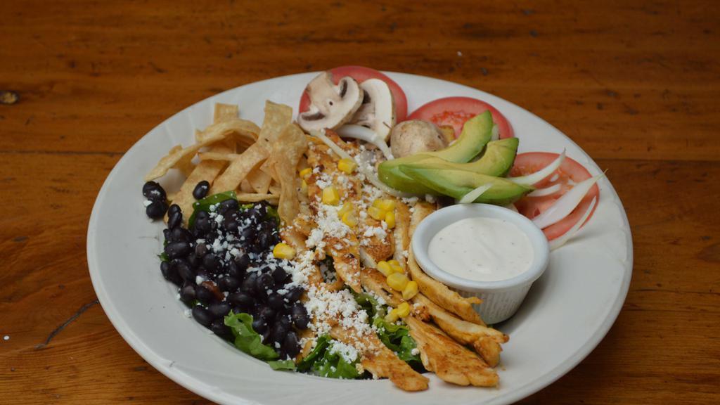 Chicken Salad · Grilled chicken, lettuce, tomato, onions, avocado, mushriooms, black beans, corn, fresh cheese and a side of ranch.