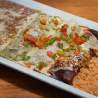Enchiladas Mexicanas · Mole, cream, and green sauce enchilada filled with cheese or the meat of your choice. Served...