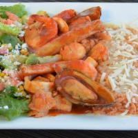 Mariscos Jarochos · Sautéed crab legs, shrimp, muscles, scallops, fish, calamari in a delicious, and spicy salsa...
