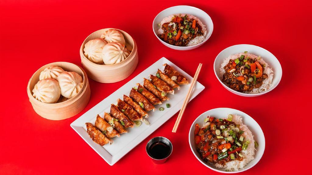 Family Bundle · An easy meal for 4-5 people. The Family Bundle is a combination of our fan favorites with 3 BBQ Berkshire Pork bao, 3 Spicy Mongolian Beef bao, 12 pan-seared Ginger Chicken potstickers, and 3 Teriyaki Chicken bowls.